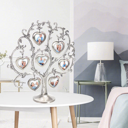 LASODY Antique Silver Family Tree With 7 Hanging Picture Frames,Metal Table Top Photo Frame Decoration