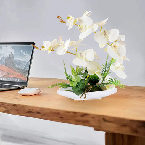 YOBANSA Orchid Bonsai Artificial Flowers with Imitation Porcelain Flower Pots Phalaenopsis Fake Flowers Arrangements for Home Decoration (White 1)