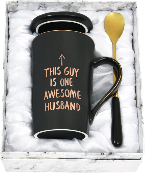 Valentine's Day Mug for Him - This Guy Is One Awesome Husband Coffee Mug - Christmas Birthday Anniversary Present for Husband from Wife - Funny Coffee Mug for Men 14 Oz with Gift Box