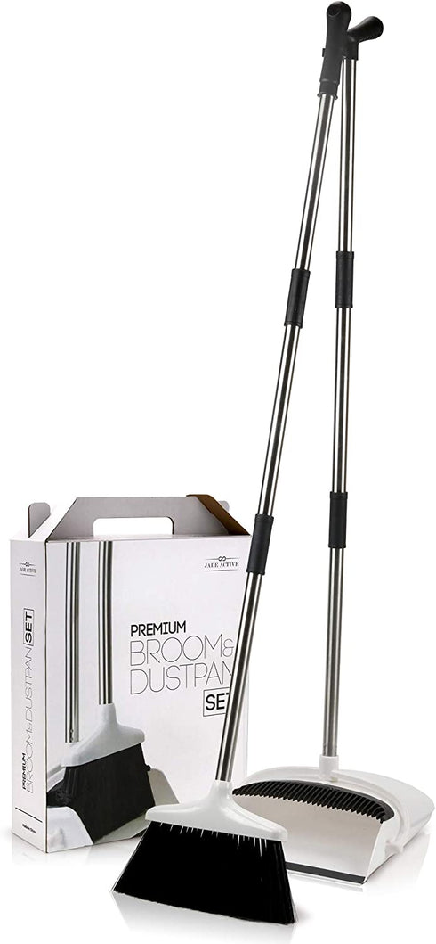 Broom and Dustpan Set - Premium Long Handled Broom Dustpan Combo - Upright Standing Lobby Broom and Dust Pan Brush w/ Handle - Great Edge, Lightweight and Robust