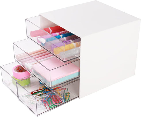 Comix Desk Organizer with Drawer, Desk Storage Box with 4 drawers, Plastic Office Stationery Supplies Organizers, Desktop Organizer for Office School Home (White)
