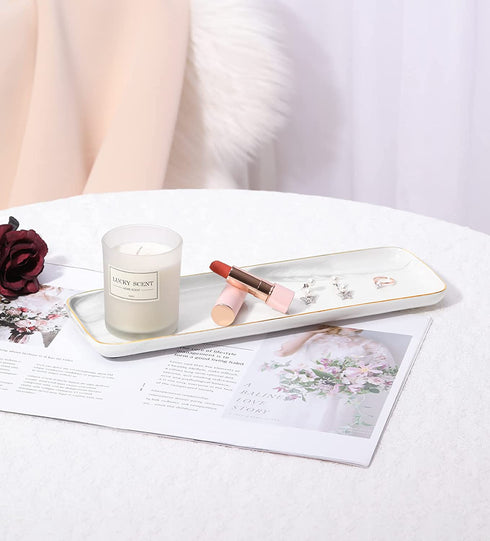 Shinowa Bathroom Vanity Tray, Ceramic Sink Tray, Toilet Tank Tray, Long Narrow Tray for Kitchen Sink Candles Towel Perfume, Small Size - Marble White