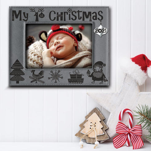 Bella Busta-My First Christmas-My 1st Christmas 2021-Engraved Leather Picture Frame -Christmas gifts -baby's first Christmas (4 x 6 Horizontal)