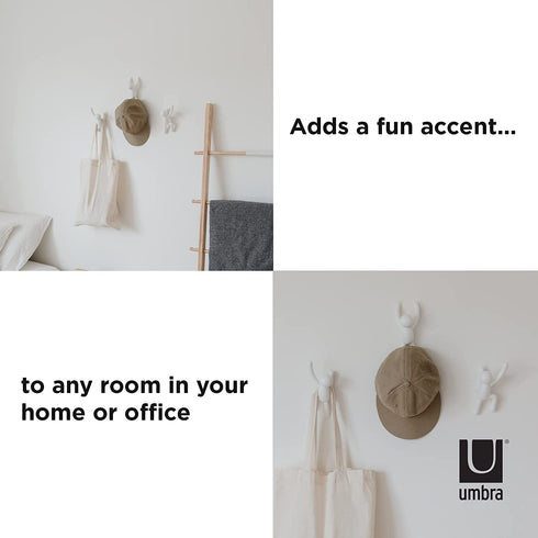 Umbra Buddy Decorative Wall Mounted Hooks for Hanging Coats, Scarves, Bags, Purses, Backpacks, Towels and More, Set of 3, White, 3 Count