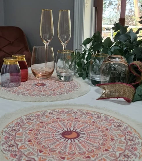 Pink Placemats Set of 4 - Round Placemats with Fringe are The Perfect Table Mats for Boho Baby Girl Shower Decorations. The Pink Boho Girls Party Decorations are Woven Cotton, Bohemian Place Mats.