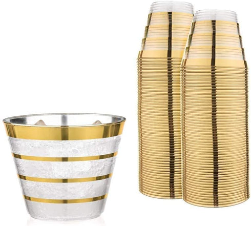 Perfect Settings 110 Premium Gold Rimmed (4 Ring) Clear Plastic Disposable Party Cups 9 Ounce Holiday Gathering or Wedding Party Elegant Disposable Cups