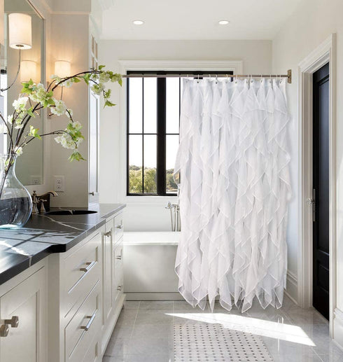Reisen White Ruffle Shower Curtain Fabric / Cloth Farmhouse Bathroom Sheer Shower Curtain, 72in Long
