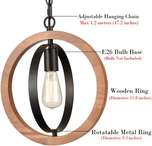 Farmhouse Pendant Light Wood and Black Light Fixture Vintage 1-Light Adjustable Chain Pendant Light