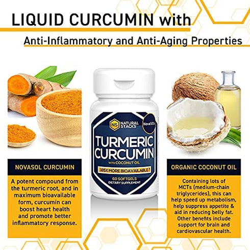 NATURAL STACKS Turmeric Curcumin 60 ct. - 185x More Bioavailable Liquid Soft Gel - Supports Healthy Joints, Brain Function and Inflammation Response - 100mg Organic Coconut Oil for Rapid Absorption