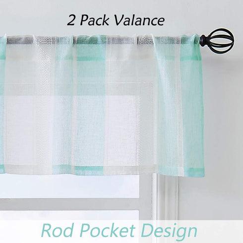 Central Park 2 Pack Valance Spa Blue and White Kitchen Window Curtain Valance Vertical Stripe Sheer Boucle Linen Window Curtain, Living Room Decorative Rod Pocket (54" W x 15" L x 2) Rustic Living
