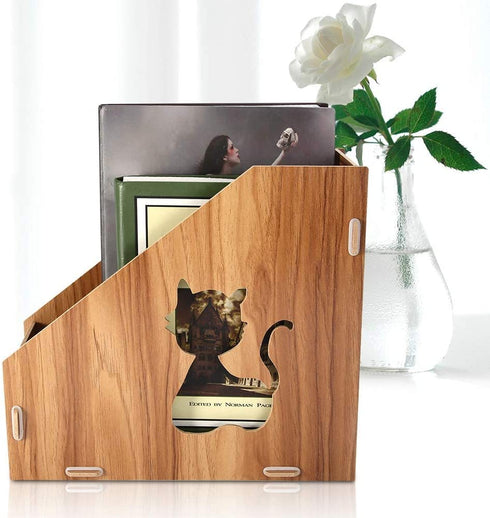 Office Desktop File Storage Box DIY Wooden Hollow Cats Office File Sorter Document Books Magazine Holder Sorter #10CMx25CMx24CM