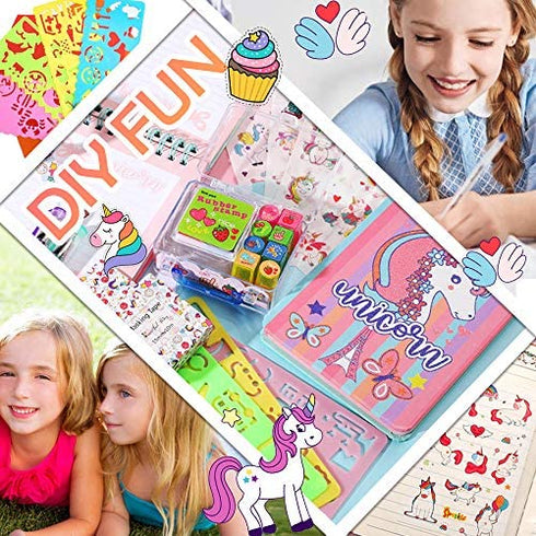YOYTOO Unicorn Diary for Girls, Unicorn Stationery Set, Notebook, Pen, Stickers, Mini Stamps Set, Drawing Stencils, Unicorn Journal Gift for Drawing Writing for Girls Kids Ages 4-12