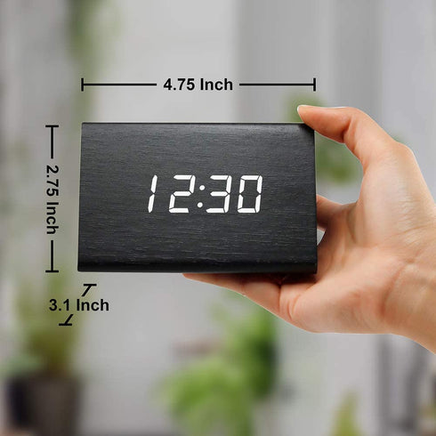 OCT17 Wooden Wood Clock , 2021 New Version LED Alarm Digital Desk Clock Adjustable Brightness, Alarm Time, Displays Time Date Temperature - Black