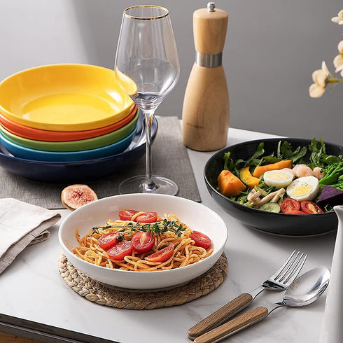SWEEJAR Pasta Bowls, Ceramic Dinner Plates, 25oz Salad Serving Bowls for Soup, Dessert, Pizza, Fruit, Steak, Microwave Dishwasher Safe, Set of 4 ?White?