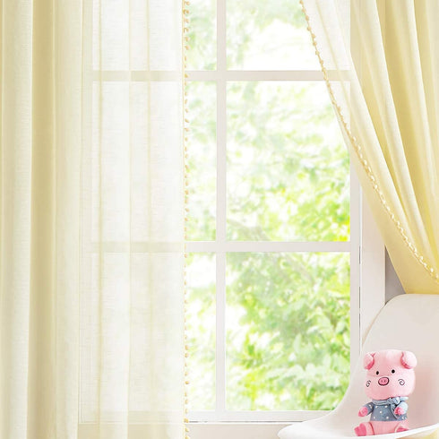 Pom-pom Sheer Curtains for Living Room, 84 inch Long Yellow Curtain Drapes for Kids Room 2 Panels Rod Pocket