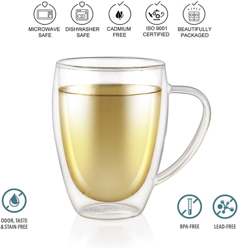 Teabloom Double Walled Mugs - 12 oz / 350 ml Set of 2 Insulated Glass Mugs for Tea, Coffee, and More Clear Bliss Collection