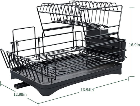 Large Dish Drying Rack with Drainage Stainless Steel 2 Tier Dish Rack and Drainboard Set for Kitchen Counter Dish Drainer with Utensil Holder, Cutting Board Holder (Black)