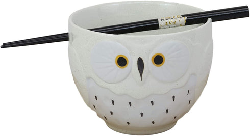 Ebros Whimsical Ceramic White Owl With Spotted Chest Ramen Udong Noodles Bowl and Chopsticks Set for Asian Dining Soup Rice Gourmet Meal As Taste of Asia Collection of Bowls Decor Kitchen