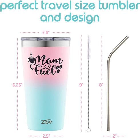 Zipe - 16 oz Tumbler with Spill-Resistant Lid, Insulated Tumbler for Hot and Cold Drinks, €œMom Fuel Coffee Tumbler, Travel Cup with Straw and Cleaner, Shimmer Mermaid Ombre
