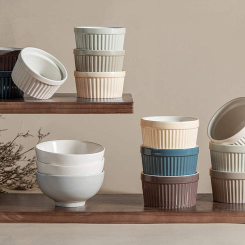 DOWAN Ramekins 4 oz Oven Safe - Creme Brulee Ramekins for Baking, Porcelain Ramekins Oven Safe, Classic Style Souffle Ramekins Ramekins Bowls, Set of 6, Multi Brown