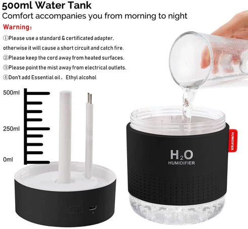 Portable Mini Humidifier, 500ml Small Cool Mist Humidifier, USB Personal Desktop Humidifier for Baby Bedroom Travel Office Home, Auto Shut-Off, 2 Mist Modes, Super Quiet (Black)