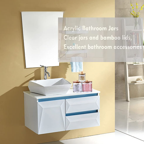 2 Pack Acrylic Qtip Holder Dispenser with Bamboo Lid,Cotton Ball Pad Round Swab Holder Apothecary Bathroom Canister Jars,Clear Plastic Vanity Organizer for Countertop Storage and Organization