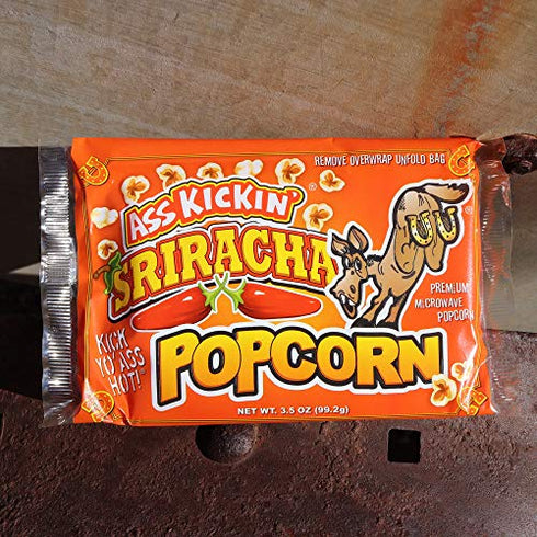 ASS KICKIN' Sriracha Microwave Popcorn Bags - 3 Pack - Ultimate Spicy Popcorn Gourmet Gift - Makes a Great Movie Theater Popcorn or Snack Food for Movie Night