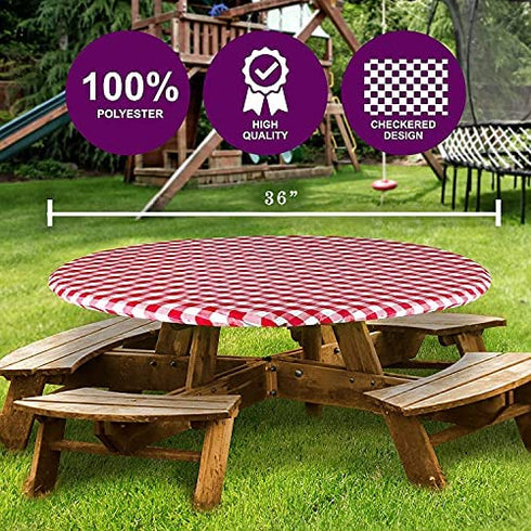 Sorfey Tablecloth -Fitted with Elastic, Vinyl with Flannel Back, Fits for Table 36 Inches Round ,Water Proof, Easy to Clean, Checked Red Design