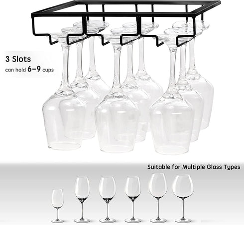 Wine Glass Rack - Under Cabinet Stemware Wine Glass Holder Glasses Storage Hanger, 3 Rows Black 2pack