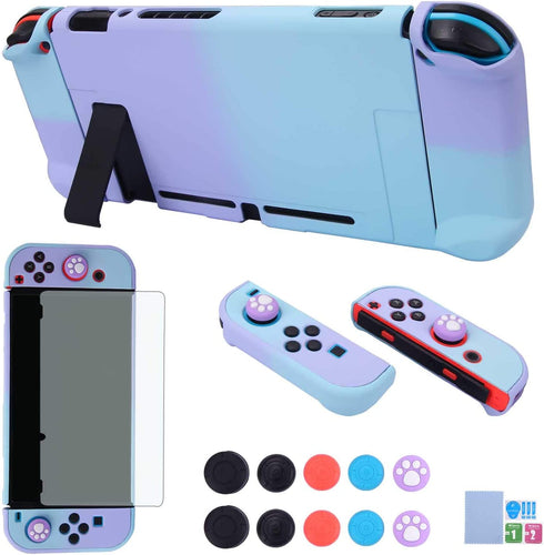 Dockable Case for Nintendo Switch - COMCOOL 3 in 1 Protective Cover Case for Nintendo Switch and Joy-Con Controller with Screen Protector and Thumb Grips - Purple and Cyan