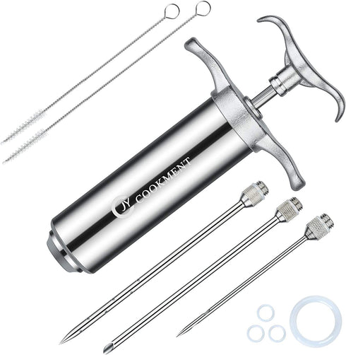 JY COOKMENT Meat Injector Syringe 2-oz Marinade Flavor Barrel 304 Stainless Steel with 3 Professional Needles 2 Cleaning Brushes and 4 Silicone O-Rings