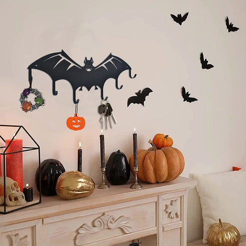 Bat Key Holder for Wall Halloween Theme Metal Key Rack with 6 Hooks Coat Hat Organizer Hanger for Entryway Hallway Kitchen Office Decorative Black 16.5 x 9.4 Inch