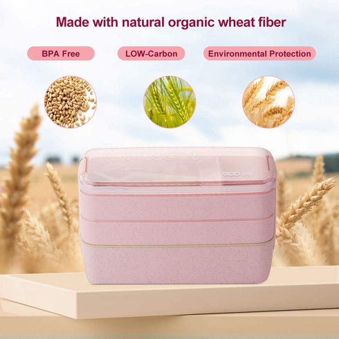 Bento Box Lunch Box for Adults Kids, 3-In-1 Meal Prep Container, 900ML Janpanese Lunch Box with Compartment, Wheat Straw, Leak-proof, Spoon & Fork, BPA-free 2 Pack