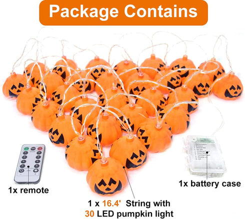 GameXcel Halloween Pumpkin Lanterns String Lights, 16.4FT 30 LEDs Jack O Lantern Lights with Remote Control & Timer 8 Lighting Modes Battery-Powered for Halloween Decorations Indoor Outdoor Decor
