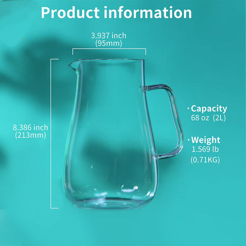 Luvan 68oz Glass Water Pitcher with Stainless Steel Lid, 3.74inch Wide Mouth to Easily Add Ice or Fruit,and Easy to Clean/Beverage Jug Carafe with a Wide Handle,Great for Juice,Water,Coffee,Tea etc