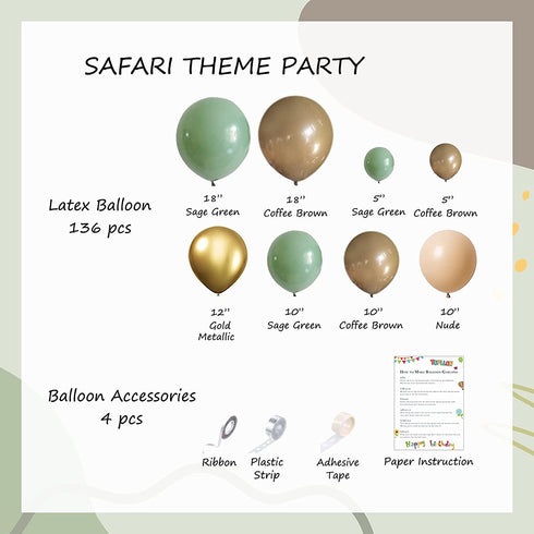 Sage Green Brown Balloon Garland Kit 140 Pcs, TOPLLON Safari Woodland Balloon Arch with Sage Green Dark Brown Beige Gold Matte Balloons for Baby Shower Safari Birthday Decorations