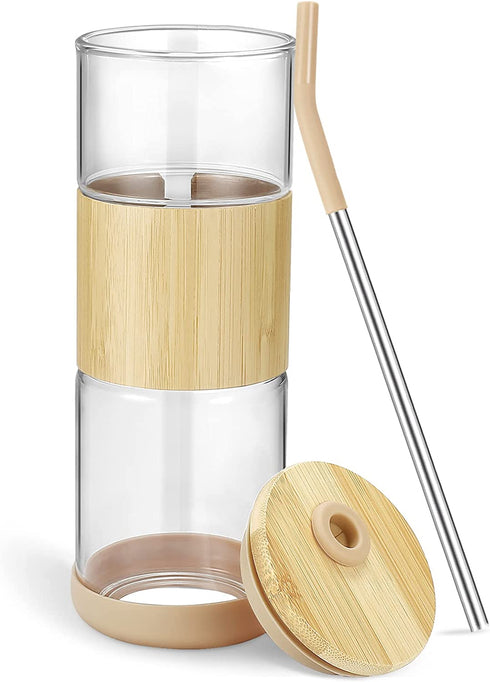tronco Glass Tumbler with Bamboo Lid and Straw,20OZ Reusable Iced Coffee Cup With Bamboo Sleeve,Smoothie Cups,Clear Glass Travel Water Bottle,Spill Proof