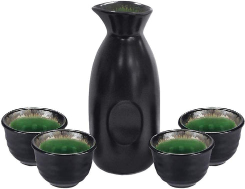 Sake Set Black Japanese 5 Pieces Traditional Japanese Sake Cup Set Hand Painted Design Porcelain Pottery Ceramic Cups Crafts Wine Glasses Gifts (Classic, 280 ML)