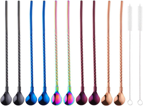 Color ME 10 pcs Metal Straw Spoons with 2 Cleaning Brushes, Reusable Drinking Spoon Straws for Iced coffee, Iced tea, Milkshake, Cocktail, Smoothies
