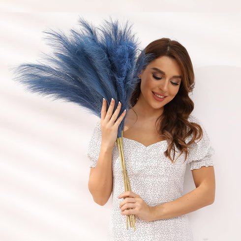 6pcs Faux Pampas Grass, 32.7"/83cm Tall Fluffy Pampas Grass Dried Plants for Vase Filler Living Room Kitchen Boho Decor Blue