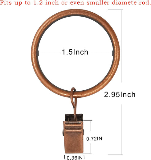 AMZSEVEN 100 PCS Metal Curtain Rings with Clips, Decorative Window Curtain Hangers Drapery Ring with Hooks Clip, 1.5 Inch Interior Diameter Eyelets, Antique Copper