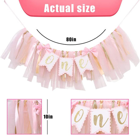 Highchair Banner 1st Birthday Girl - Tulle And Ribbon Banner For First Birthday, Cake Smash Photo Prop, Party Supplies . (Pink)