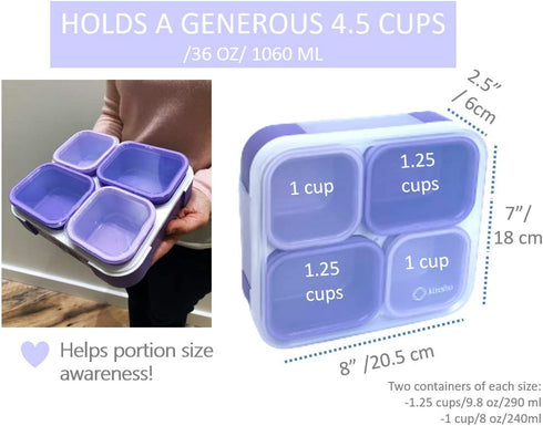Lunch Containers for Kids Women, Portion Control Set, Bento Lunch Box Snack Containers with Lids, Lunch-Box for Adults Boys Girls, Leak-proof Kit, 4 Cups Purple