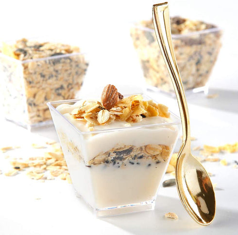 Supernal 2oz Square Plastic Mini Dessert Cups with Gold Spoons, Plastic Parfait Appetizer Cup, 100pcs Dessert Cups?100pcs Gold Spoons?Serving for Tasting Party Desserts Appetizers