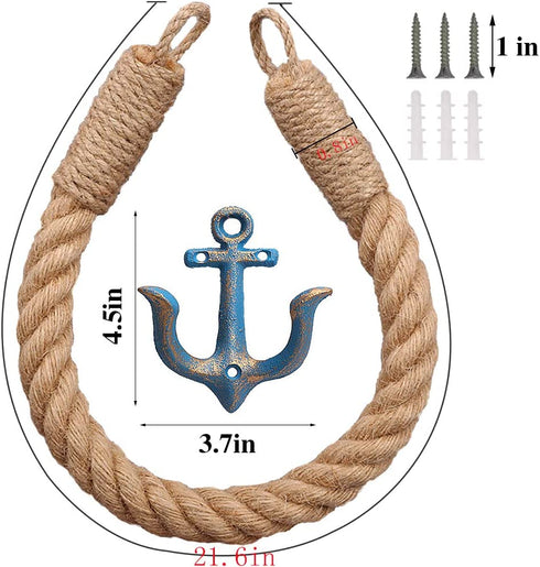 2 Piece Nautical Rope Towel Ring, Toilet Paper Holder Beach Themed Bathroom Decord with Metal Hook for Beach Themed Bathroom Decor(Blue+White)