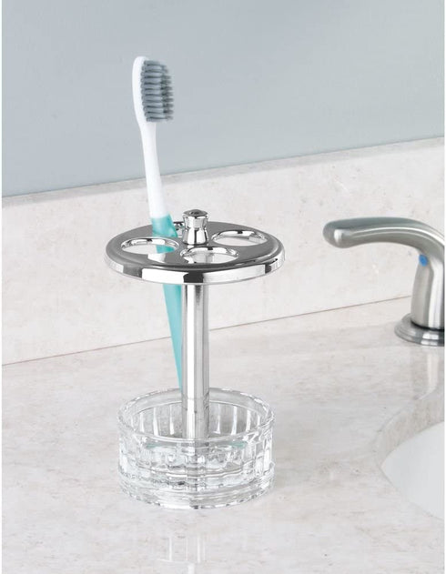 iDesign Alston Plastic Toothbrush Holder Stand for Bathroom, Vanity Countertops in Master, Guest, and Kids' Bathrooms, 3.25" x 3.25" x 5" - Clear and Chrome