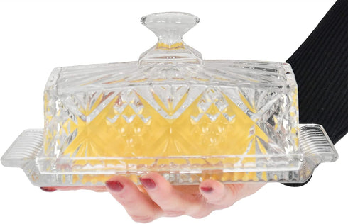 HOME-X Crystal Butter Dish with Lid, Real Crystal Covered Dish, Butter Holder for Serving and Storage, 8"L x 3 ½" W x 4' H, Crystal