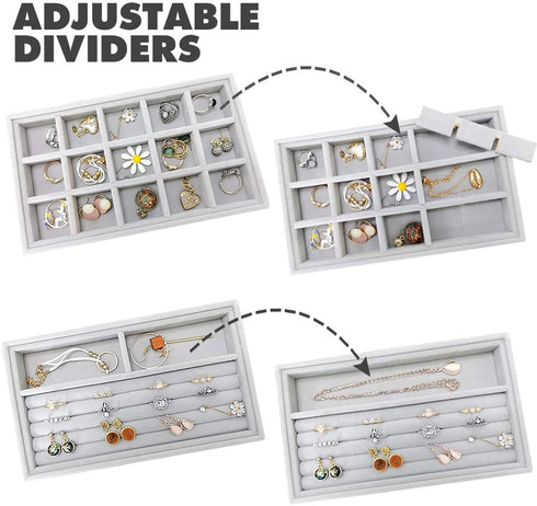 Stackable Jewelry Organizer Trays Drawer Inserts ,Velvet Earring Display Trays, Box Ring Holder Necklace Case, Storage for Bracelet Brooch Watch, Set of 4 (Gray)