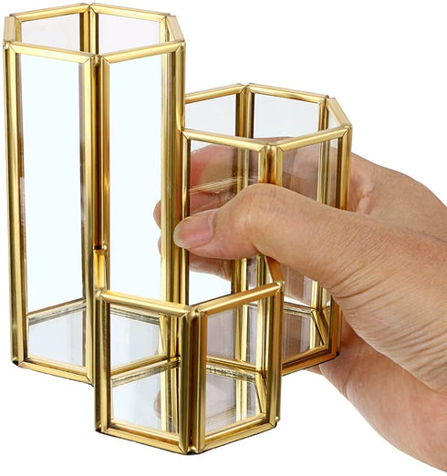 Hipiwe 3 Slots Glass Makeup Brush Holder - Gold Hexagon Cosmetics Brush Eyeliners Display Cup Home Decorative Makeup Organizer Desktop Pen/Pencil Pot Holder for Office