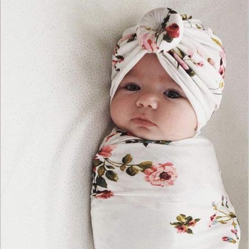 KESYOO 1 Pack Baby Swaddle Blanket with Newborn Beanie Hat Cotton Floral Receiving Blanket Wrap Bow Headband for Boy Girl